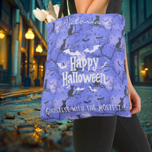 Purple Halloween with black cats and bats Tote Bag