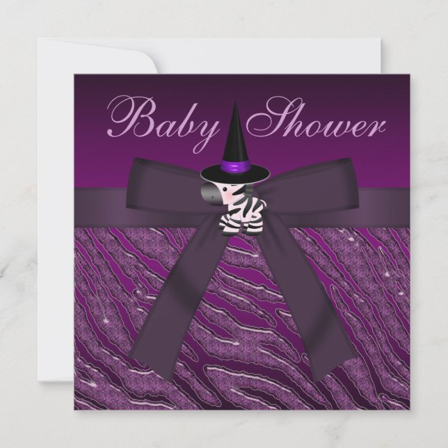Purple Halloween Zebra & Animal Print Baby Shower Invitation (Front)