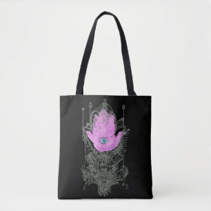 Purple Hamsa Talmud Quote on Black Tote Bag