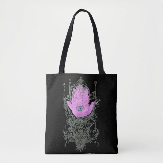 Purple Hamsa Talmud Quote on Black Tote Bag (Front)