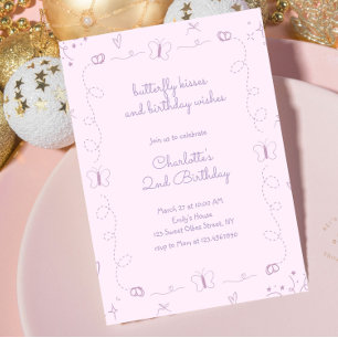 Purple Hand Drawn Butterfly Birthday Whimsical  Invitation