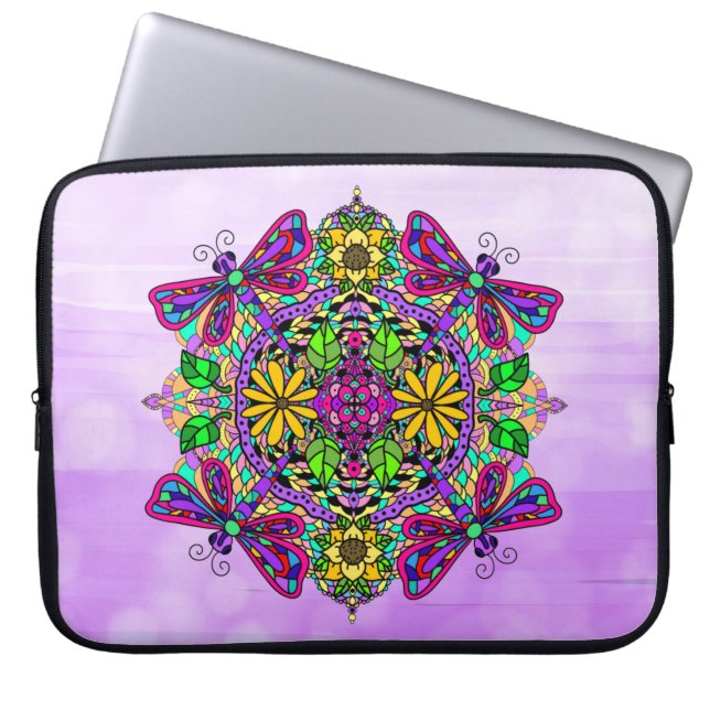 Purple Hand drawn Dragonfly Mandala Laptop Sleeve (Front)