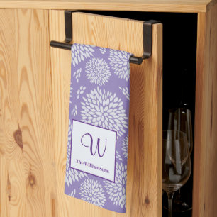 Purple Hand-drawn Flower pattern Monogram Tea Towel