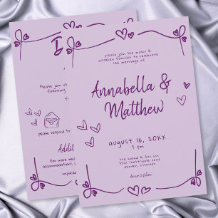Purple Hand Drawn Heart Whimsical Modern Wedding  Invitation