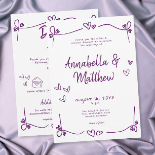 Purple Hand Drawn Heart Whimsical Modern Wedding Invitation