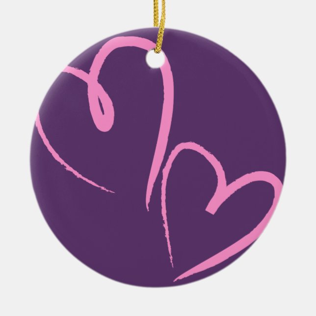Purple Hand Drawn Hearts Ceramic Tree Decoration (Front)