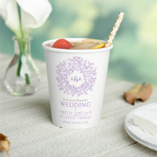 Purple hand drawn leaf monogram art wedding paper cups
