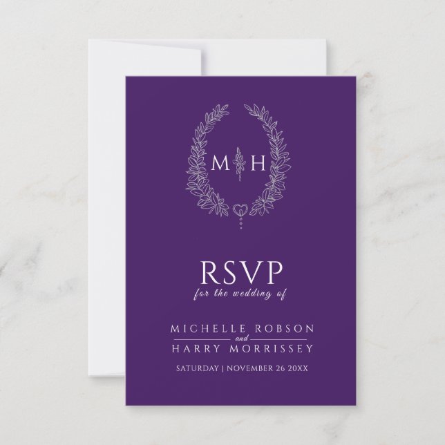 Purple hand drawn leaf monogram RSVP wedding Card (Front)