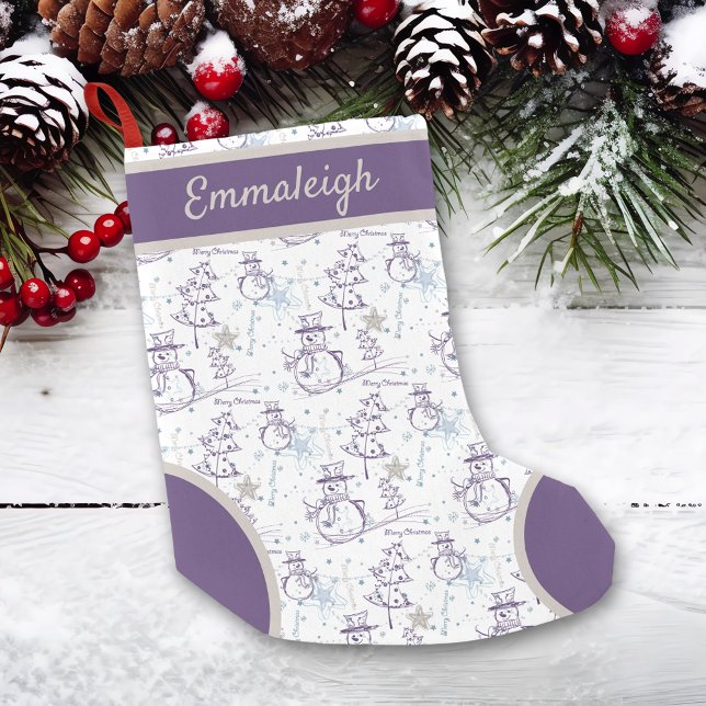 Purple Hand Drawn Snowman Christmas Small Christmas Stocking (Creator Uploaded)