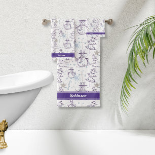 Purple Hand Drawn Xmas Snowman Stripe Bath Towel Set
