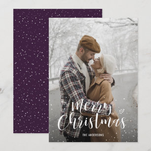 Purple Hand Lettered Snow Photo Christmas Cards