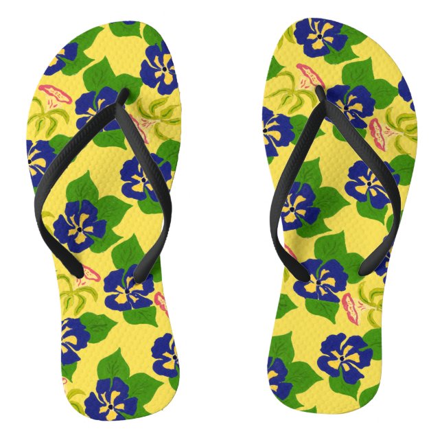 Purple Hand-Painted Pansy Flowers on Yellow Flip Flops (Footbed)