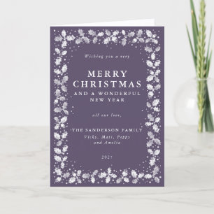 Purple Hand Printed Holly+Berries Border Non Photo Holiday Card
