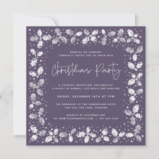 Purple Hand Printed Holly+Berries Christmas Party Invitation (Front)