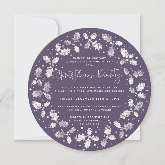 Purple Hand Printed Holly+Berries Christmas Party Invitation (Front)
