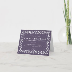 Purple Hand Printed Holly Border Custom Message Holiday Card