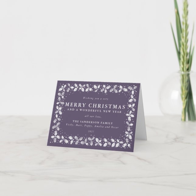 Purple Hand Printed Holly Border Custom Message Holiday Card (Front)