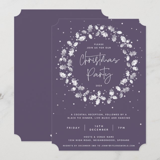 Purple Hand Printed Holly Wreath Christmas Party Invitation (Front/Back)