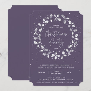 Purple Hand Printed Holly Wreath Christmas Party Invitation