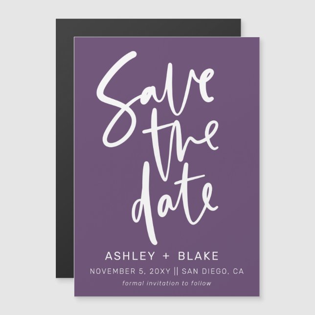Purple Handwritten Calligraphy Save the Date Magnetic Invitation (Front/Back)