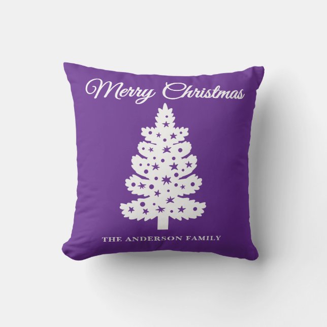 Purple Handwritten Script Christmas Tree Cushion (Front)