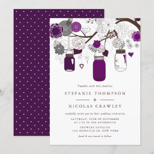 Purple Hanging Mason Jars Wedding Invitation