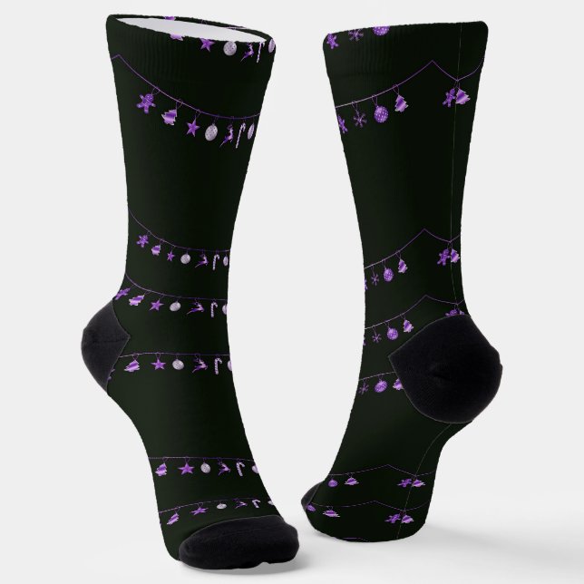 Purple hanging Xmas ornaments on black Socks (Angled)