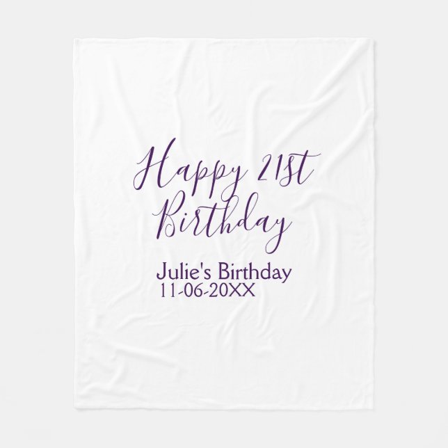 Purple happy 21st birthday name date Keychain Fleece Blanket (Front)