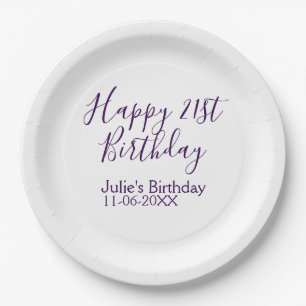 Purple happy 21st birthday name date Keychain Paper Plate