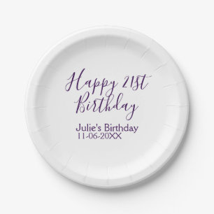 Purple happy 21st birthday name date Keychain Paper Plate