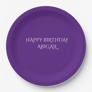 Purple happy birthday personalised name plates. paper plate