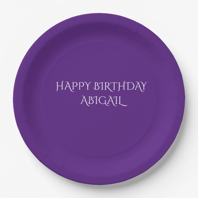 Purple happy birthday personalised name plates. paper plate (Front)