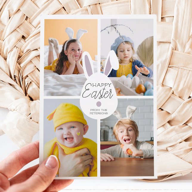 Purple happy Easter ears eggs 4 photos collage Holiday Card (Creator Uploaded)