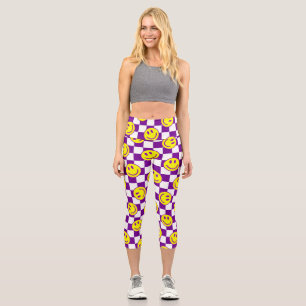 purple happy face check groovy capri leggings