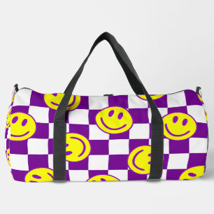 purple happy face check groovy duffle bag