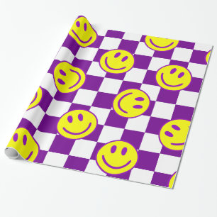 purple happy face check groovy wrapping paper