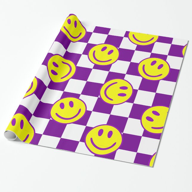 purple happy face check groovy wrapping paper (Unrolled)