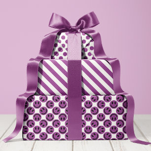 Purple Happy Face Stripes and Polka Dot Wrapping Paper Sheet