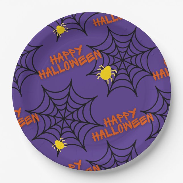 Purple Happy Halloween Spider Web  Paper Plate (Front)