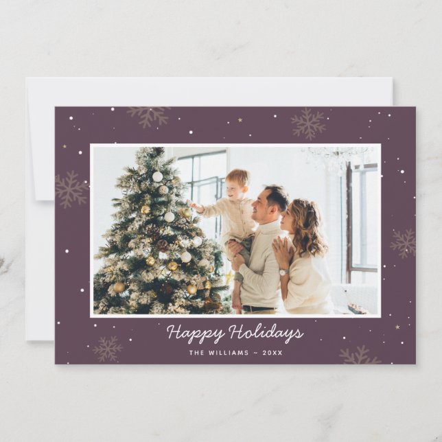 Purple Happy Holidays Family Photo Snowflake Holiday Card (Front)