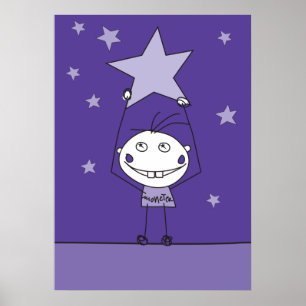 purple happy monster is catching a falling star poster
