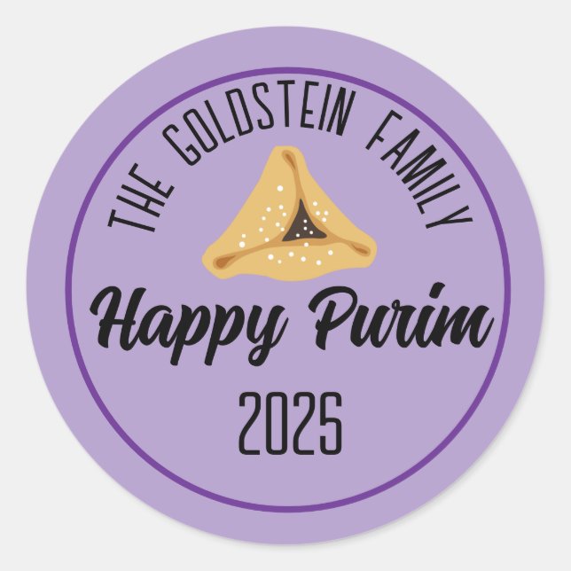 Purple Happy Purim Hamentashen Classic Round Stick Classic Round Sticker (Front)