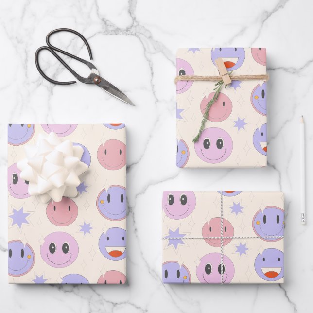 Purple happy  smile pattern wrapping paper sheet (Front)