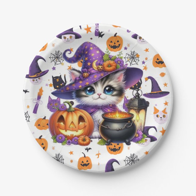 Purple Hat Cat For Halloween  Paper Plate (Front)