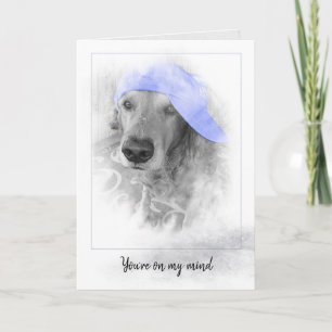 purple hat on Golden Retriever in grey frame Card
