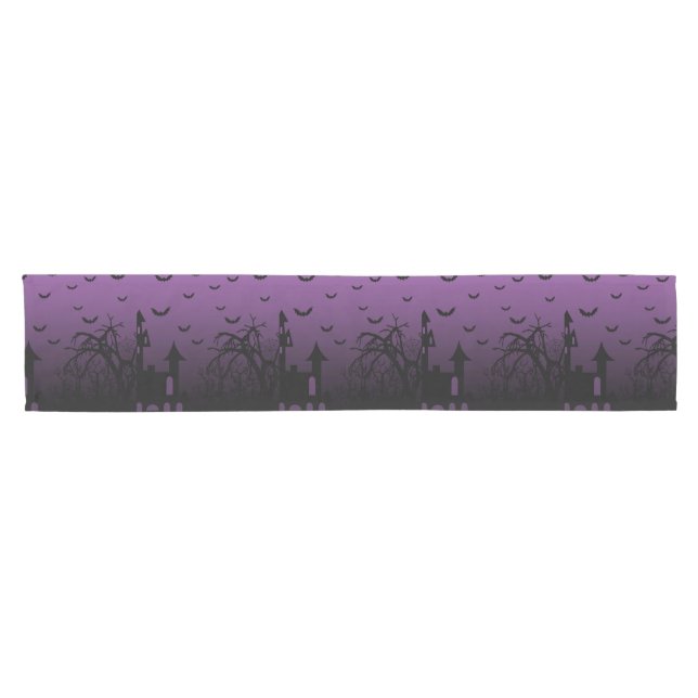 Purple Haunted Halloween House and Bats Short Table Runner (Horizontal)
