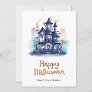 Purple Haunted House Ghost Pumpkin Halloween Card
