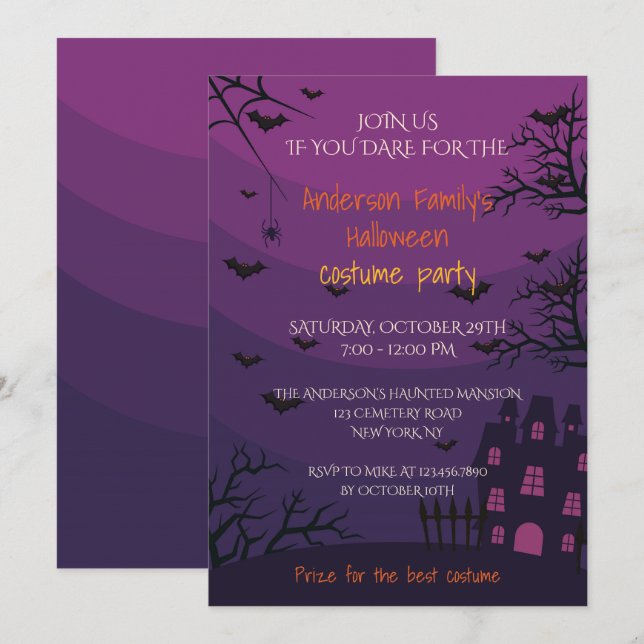 Purple Haunted House Halloween Costume Party Invitation (Front/Back)