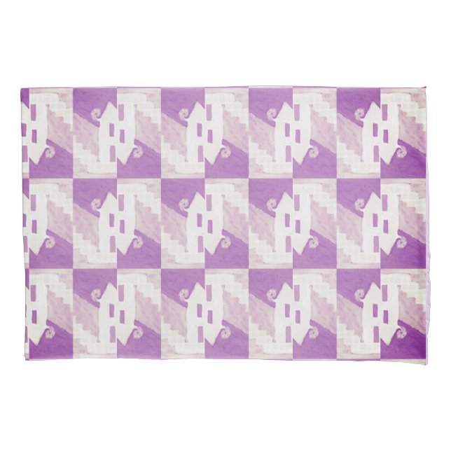 Purple Haunted Hues: Halloween House Pattern Pillowcase (Front)
