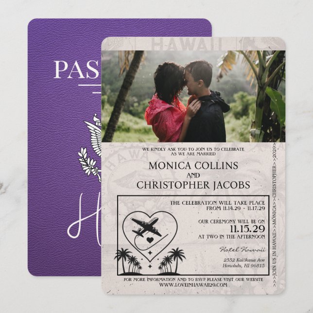 Purple Hawaii Passport Wedding Invitation (Front/Back)
